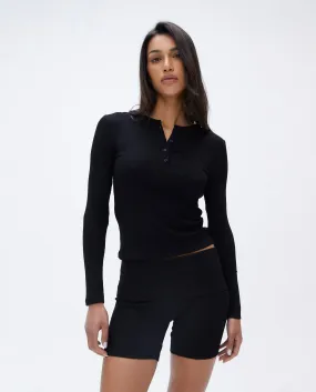 Rib Long Sleeve Button Up Top - Black