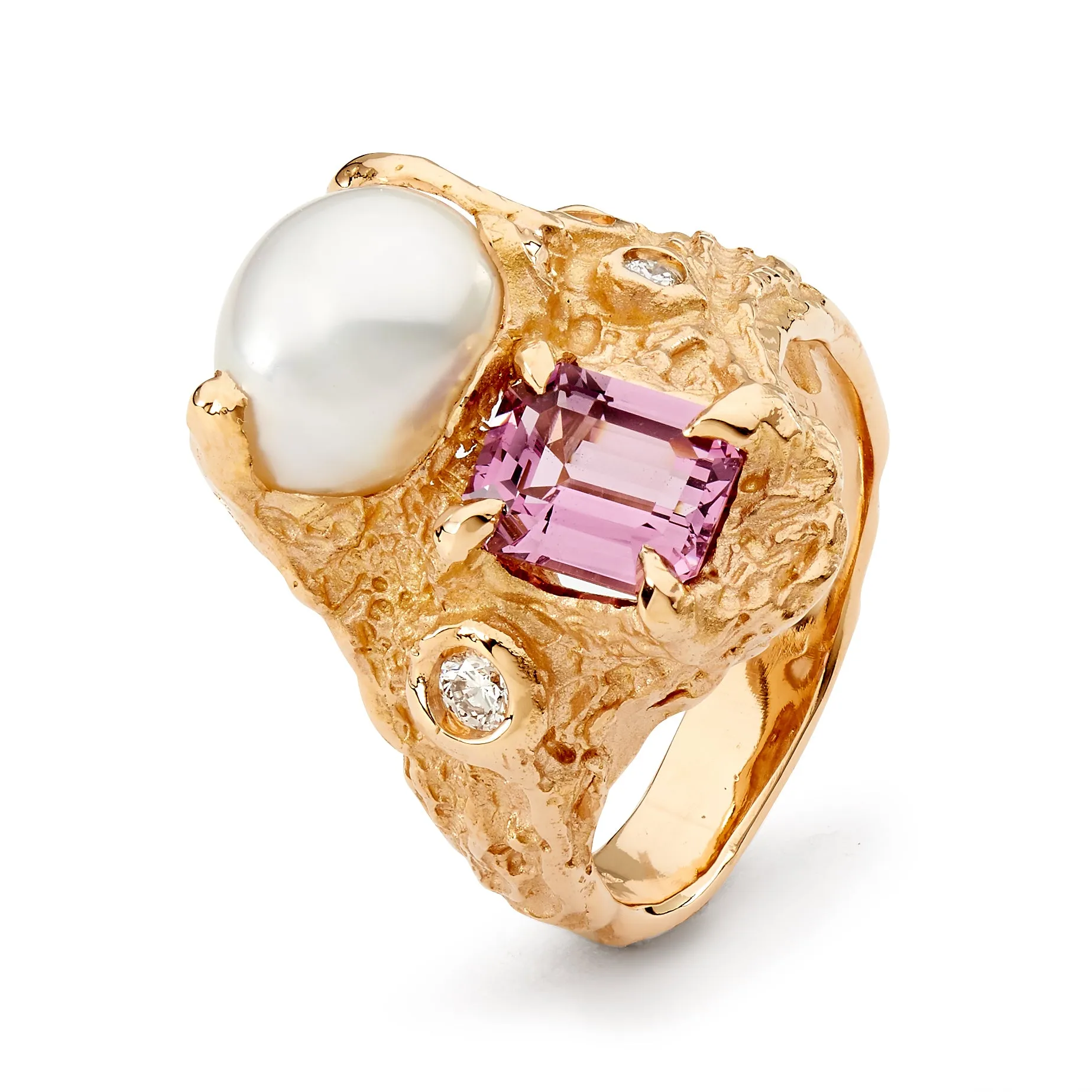 Rose Gold Textured Gemstone and Baroque Pearl Ring