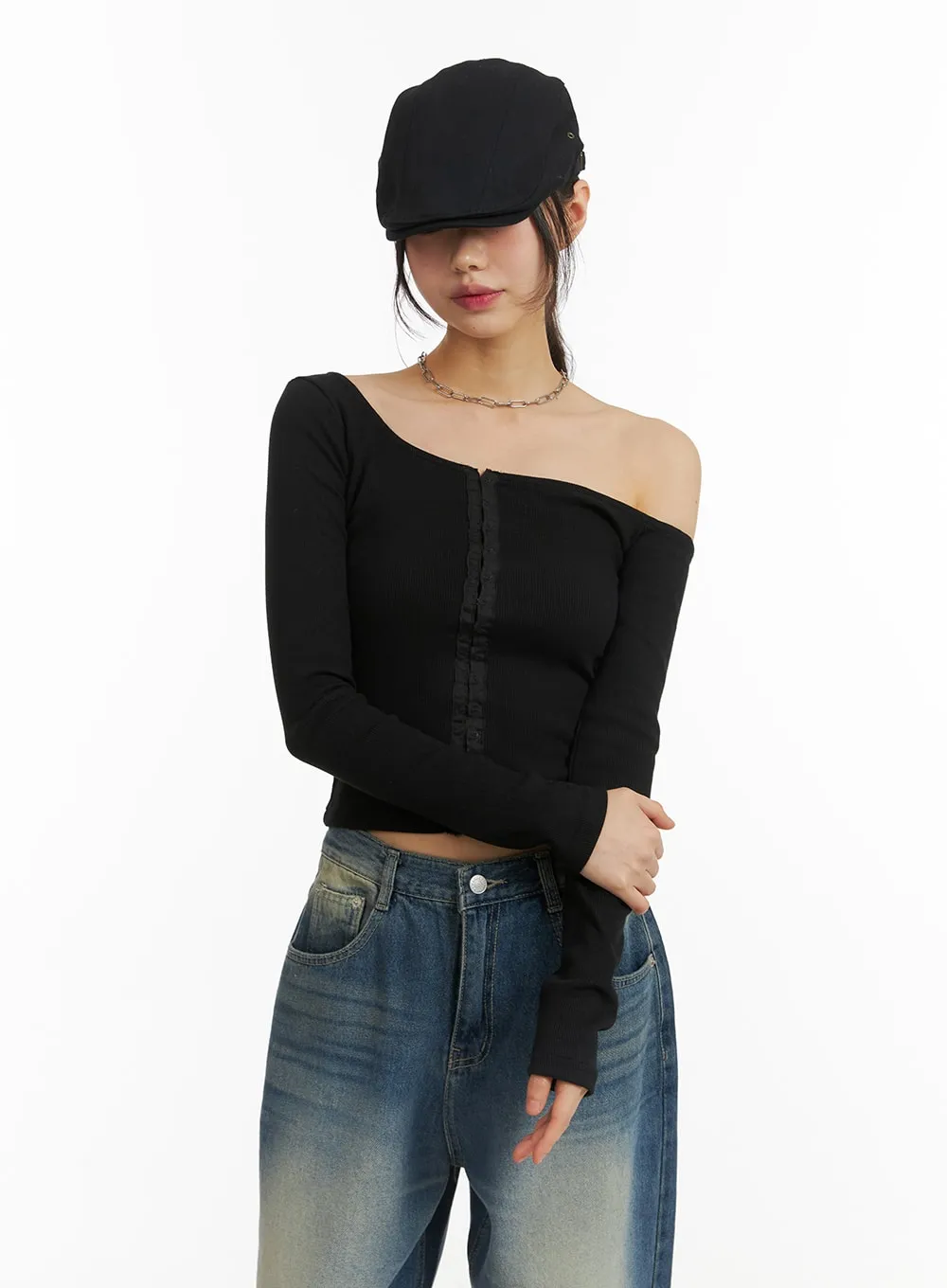 Solid Off-Shoulder Long Sleeve Top CJ415