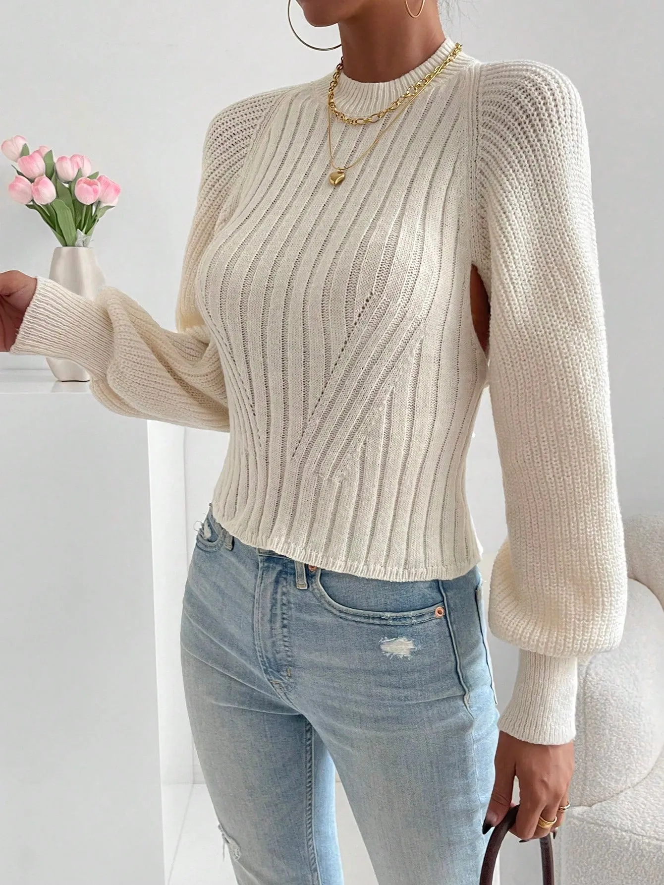 Solid Tie Backless Bishop Sleeve Sweater