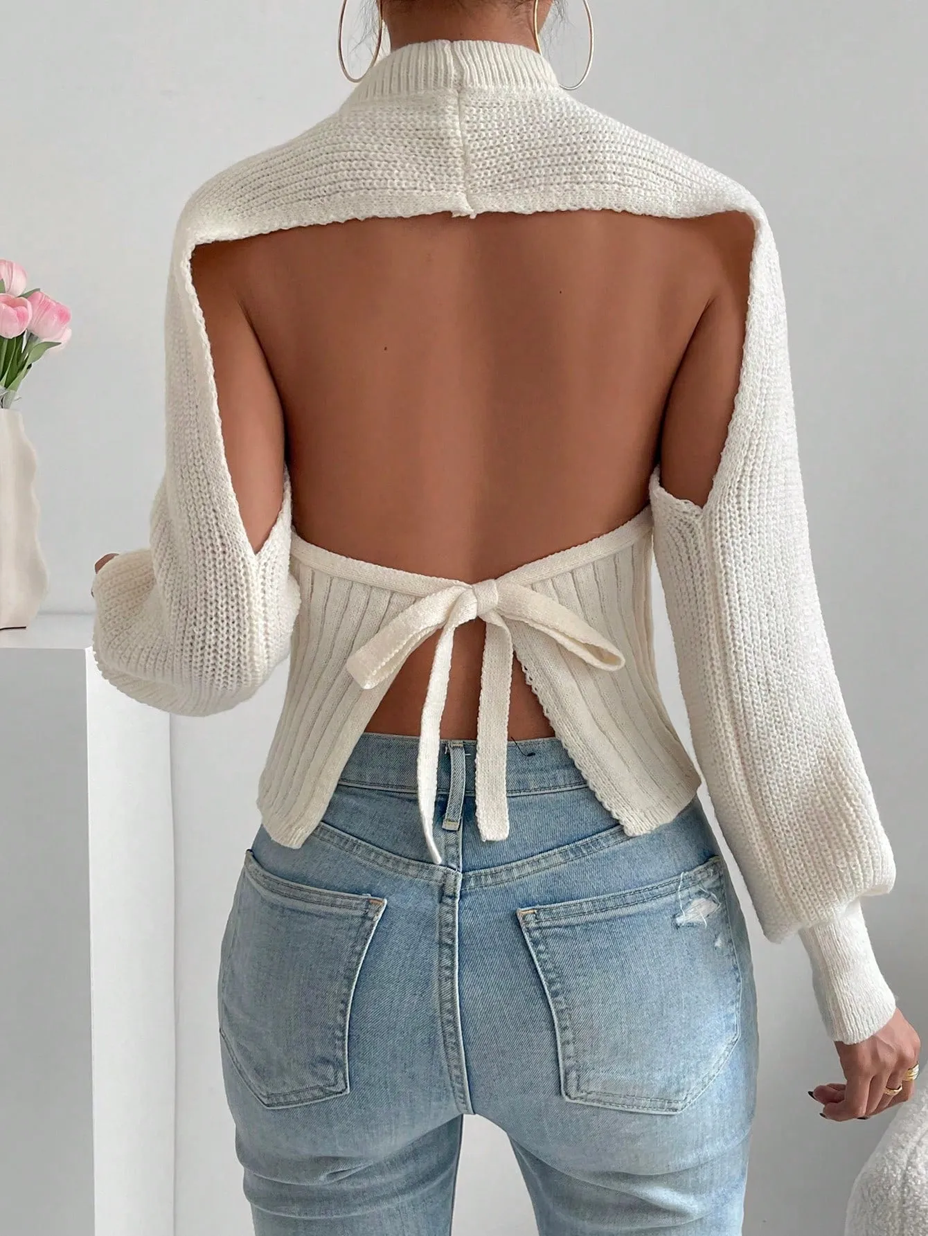 Solid Tie Backless Bishop Sleeve Sweater