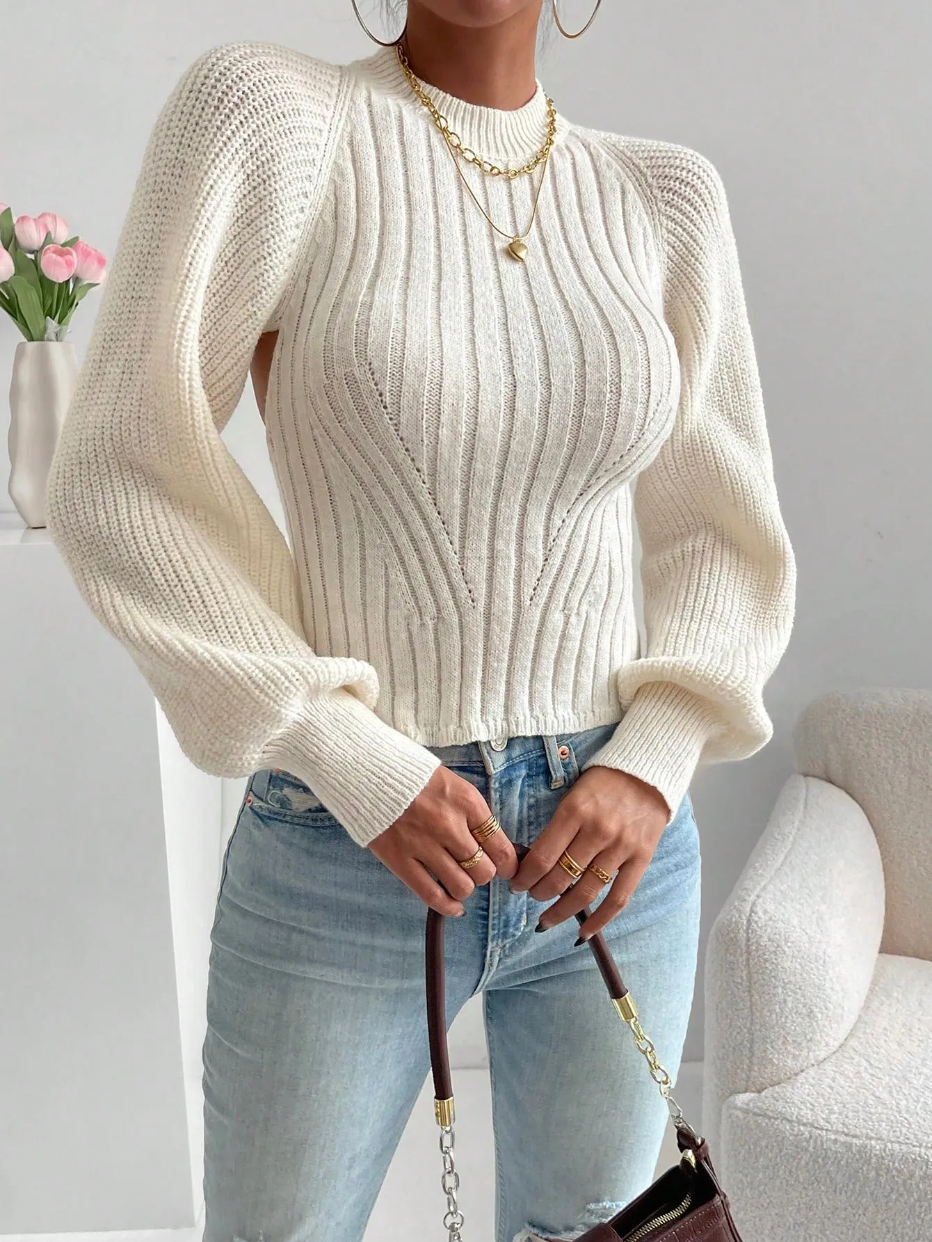 Solid Tie Backless Bishop Sleeve Sweater