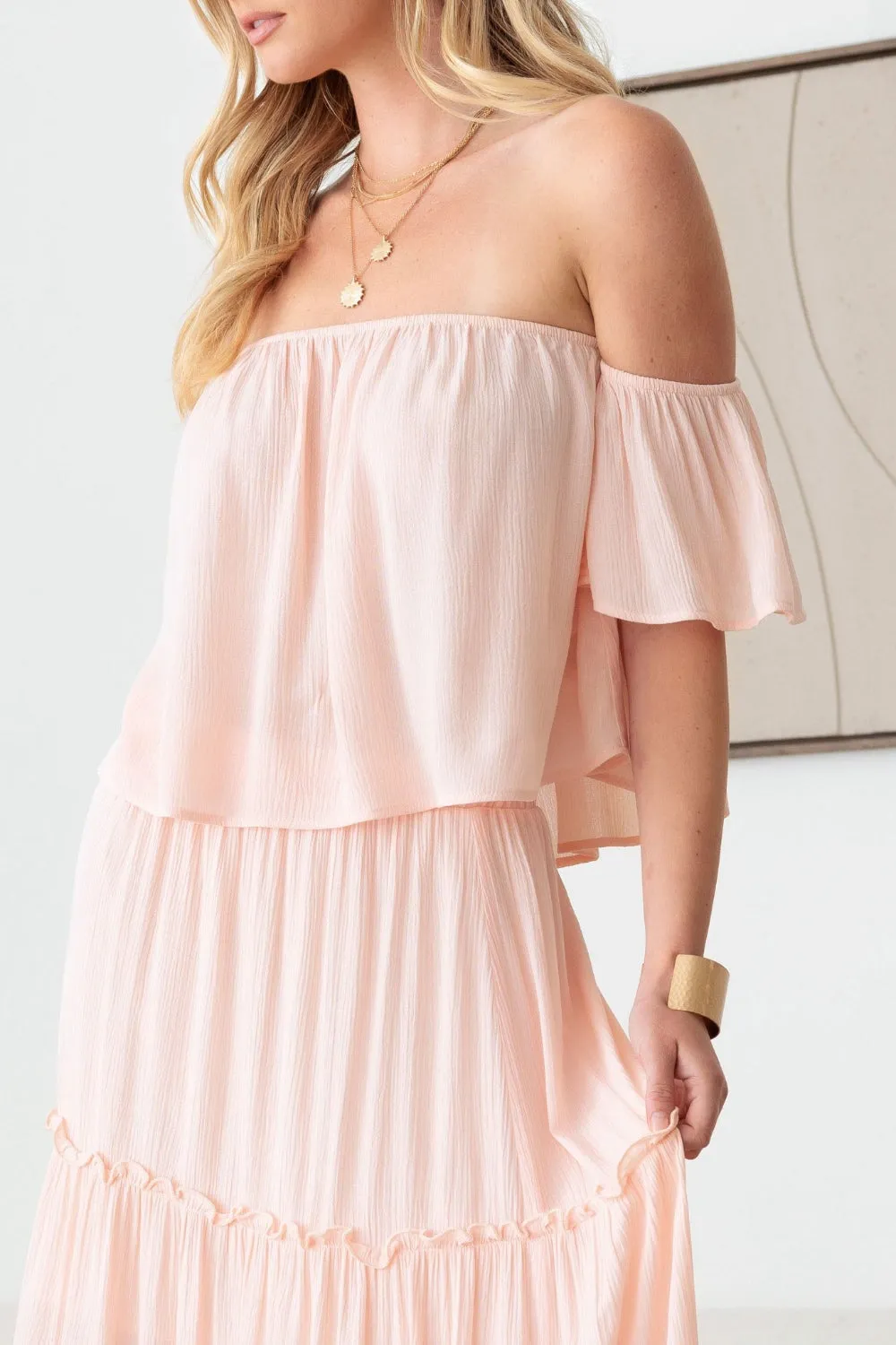 Sunset Vacation Frill Off-Shoulder Tiered Dress