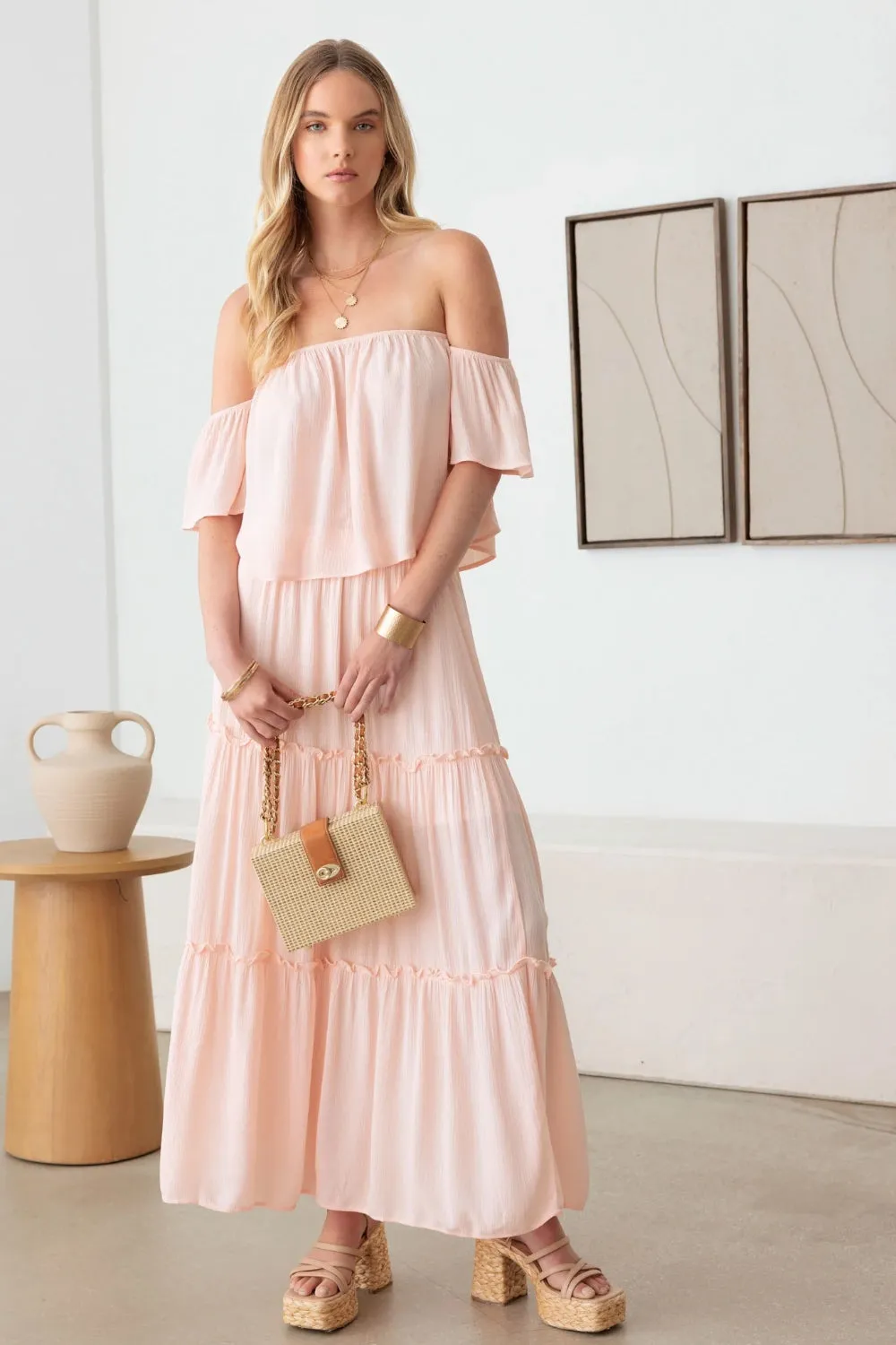 Sunset Vacation Frill Off-Shoulder Tiered Dress