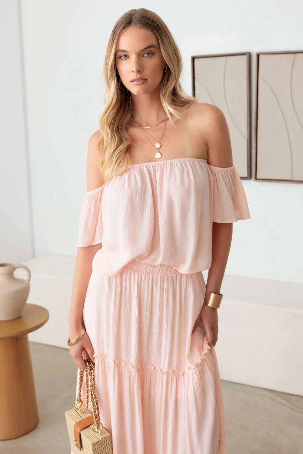 Sunset Vacation Frill Off-Shoulder Tiered Dress