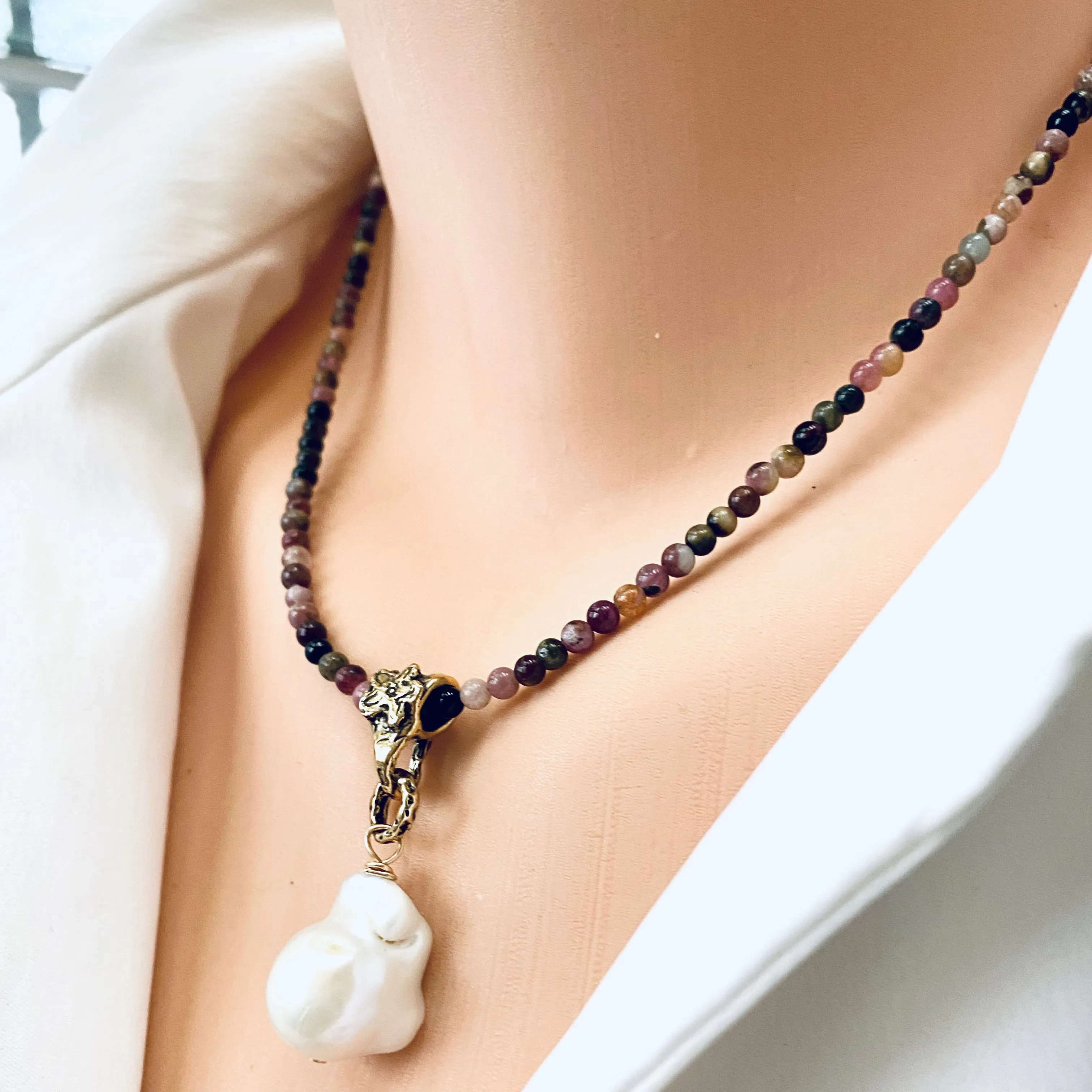 Tourmaline & Baroque Pearl Pendant Necklace w Artisan Gold Bronze Bail, October Birthstone