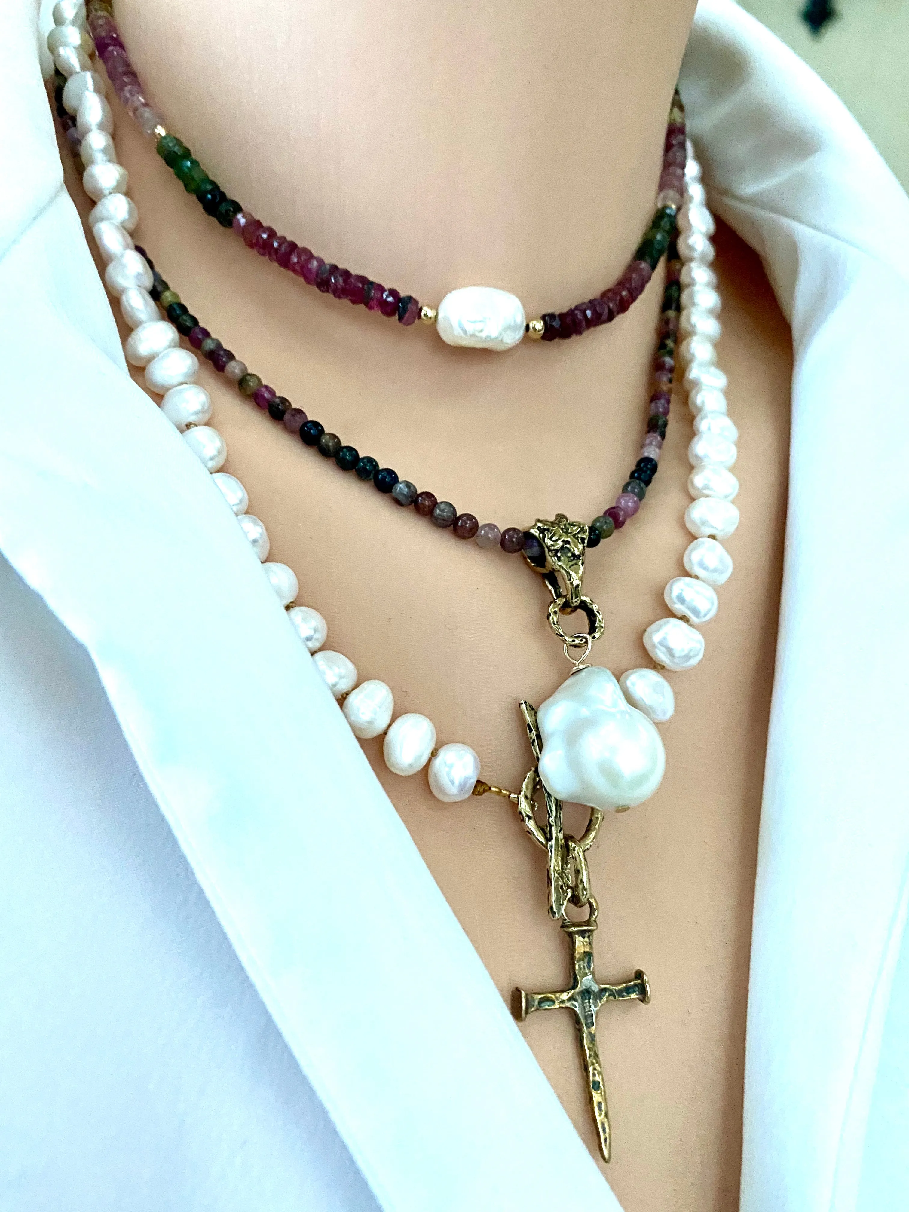 Tourmaline & Baroque Pearl Pendant Necklace w Artisan Gold Bronze Bail, October Birthstone