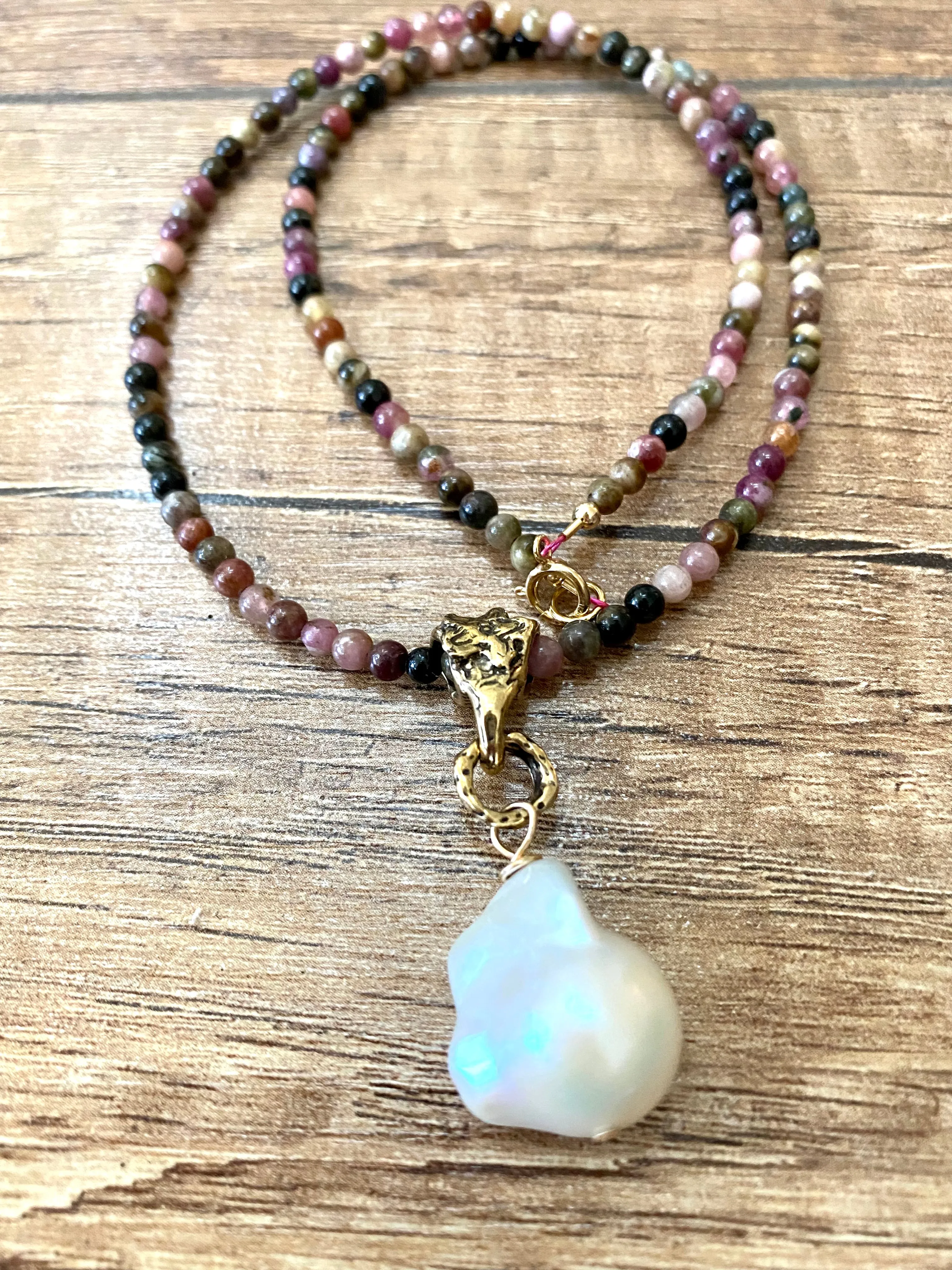 Tourmaline & Baroque Pearl Pendant Necklace w Artisan Gold Bronze Bail, October Birthstone