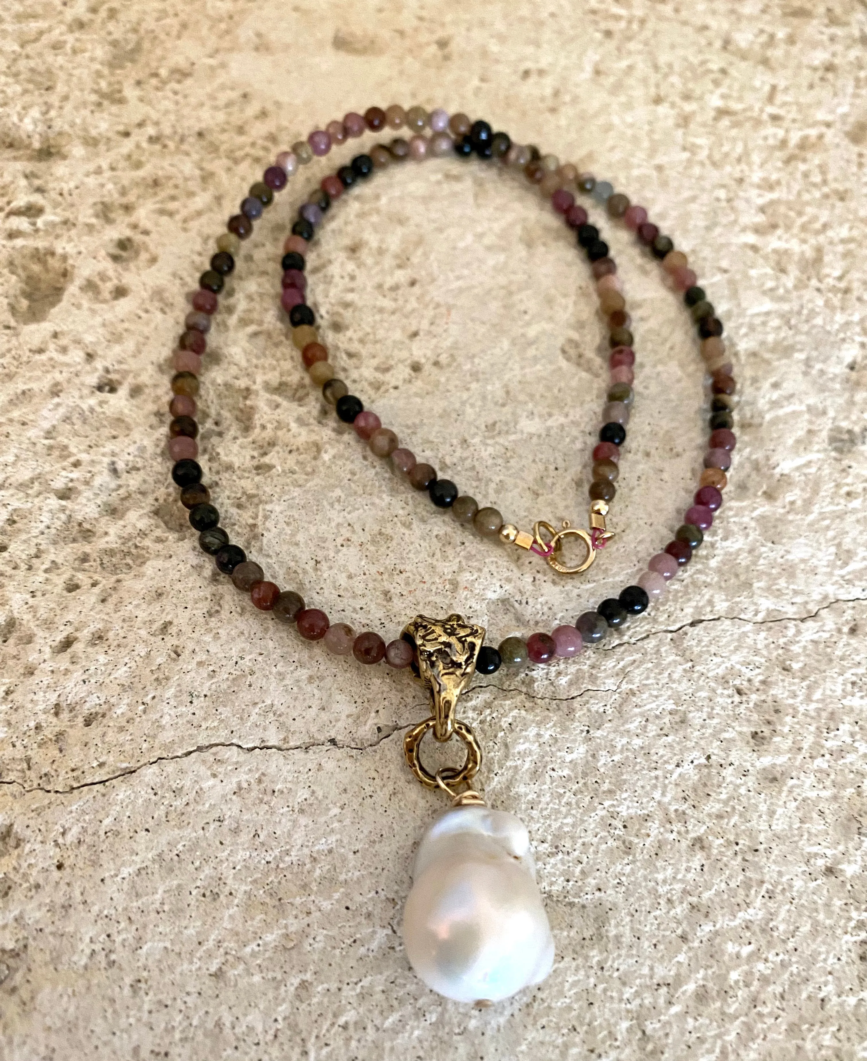 Tourmaline & Baroque Pearl Pendant Necklace w Artisan Gold Bronze Bail, October Birthstone