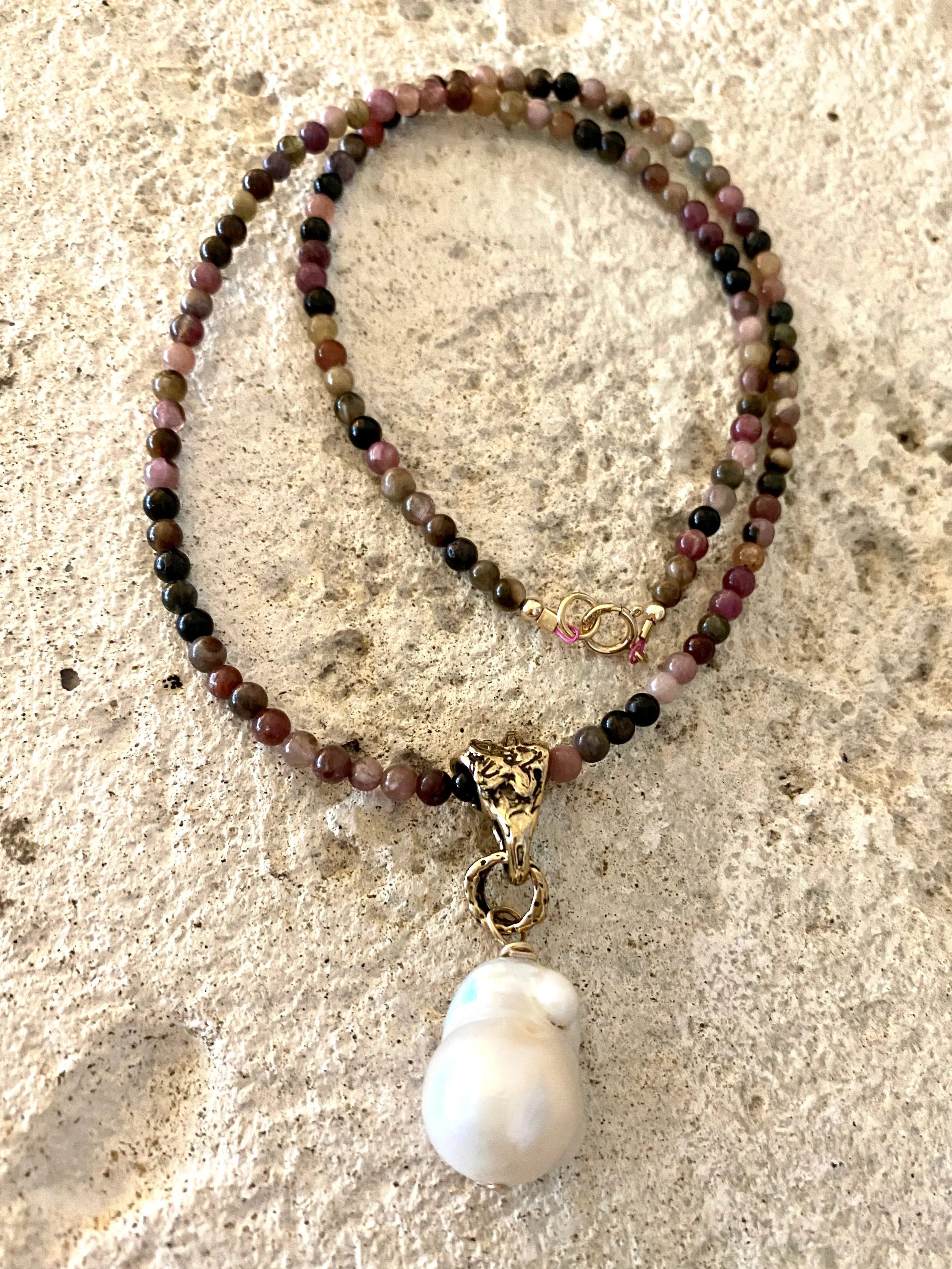 Tourmaline & Baroque Pearl Pendant Necklace w Artisan Gold Bronze Bail, October Birthstone