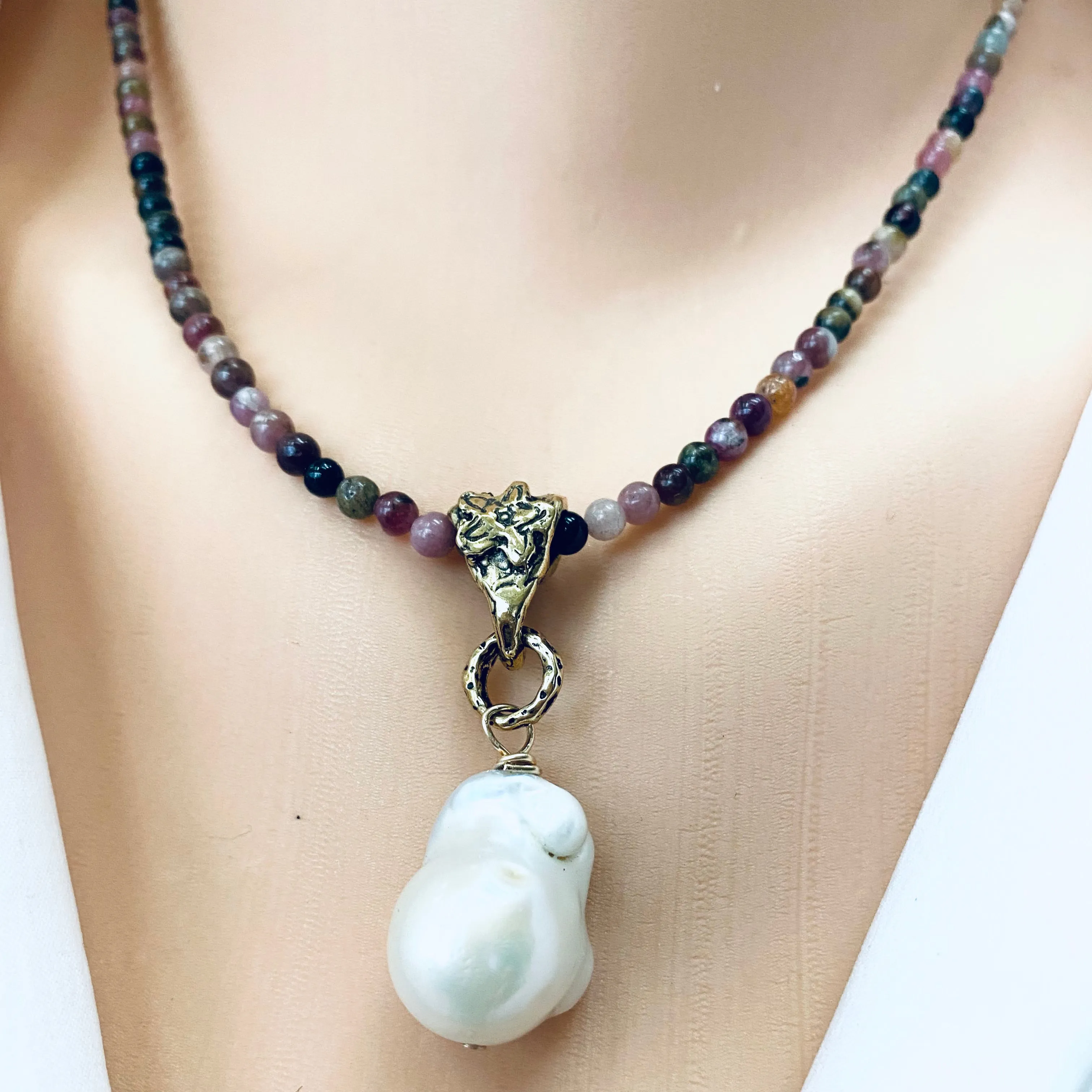 Tourmaline & Baroque Pearl Pendant Necklace w Artisan Gold Bronze Bail, October Birthstone