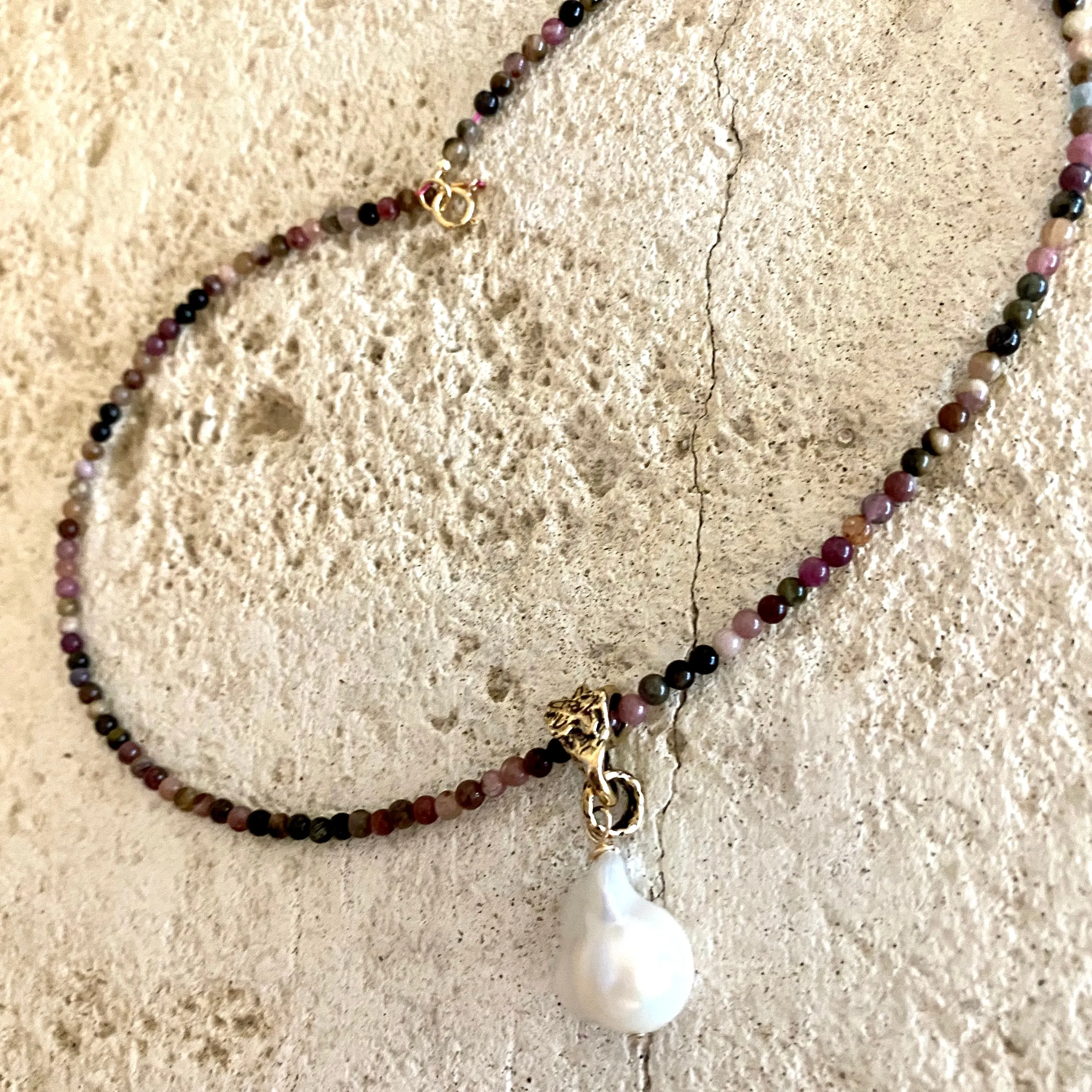 Tourmaline & Baroque Pearl Pendant Necklace w Artisan Gold Bronze Bail, October Birthstone