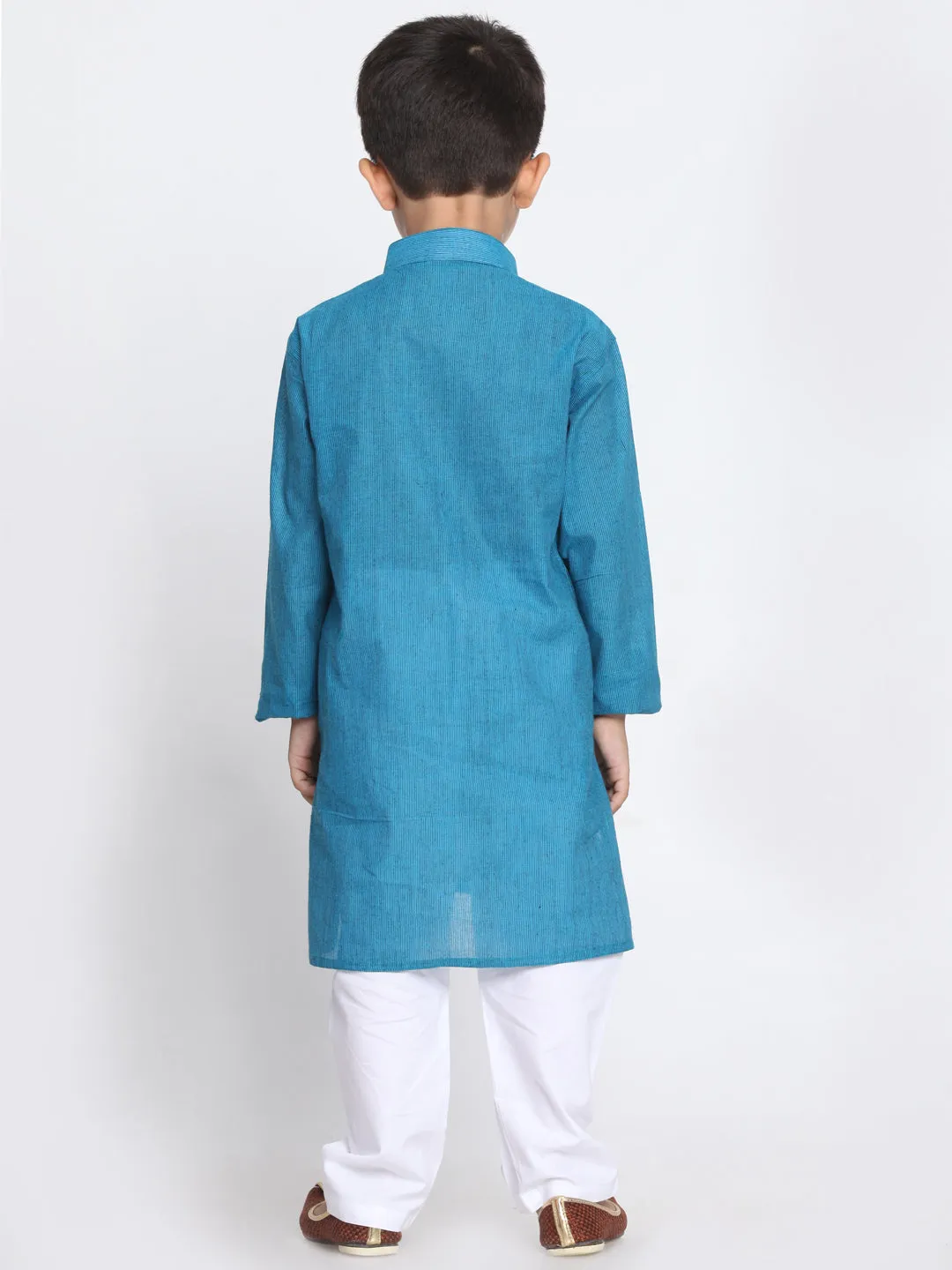 Vastramay Aqua Blue Handloom Cotton Striped Siblings Set