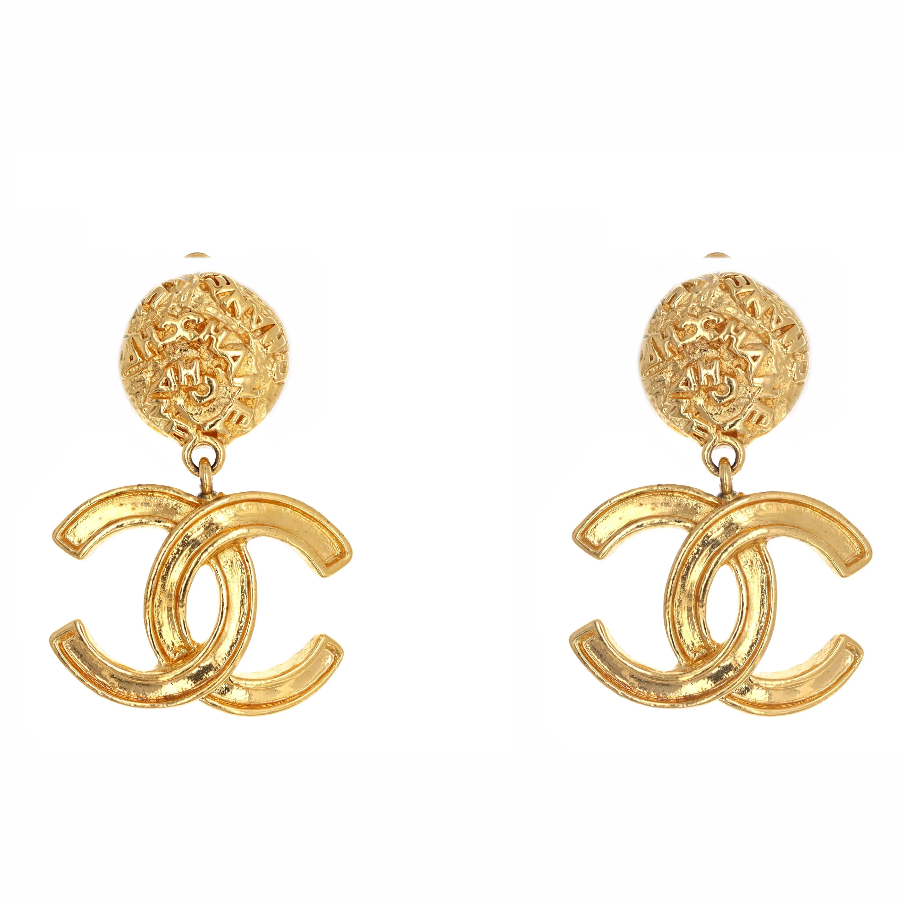 Vintage 1995 Chanel Dangle CC Earrings Gold Plated