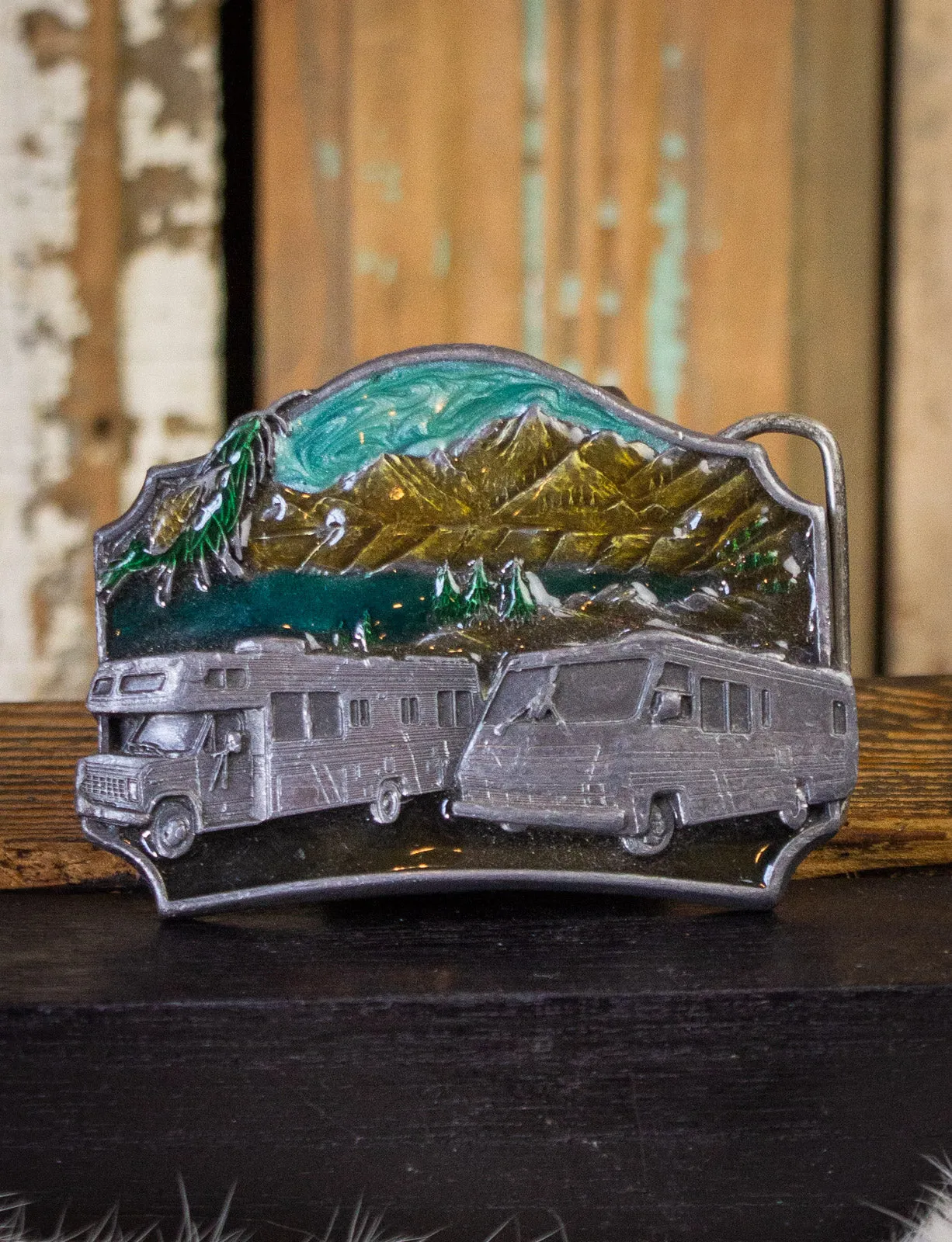 Vintage RV Camper Van Enamel Belt Buckle 1987