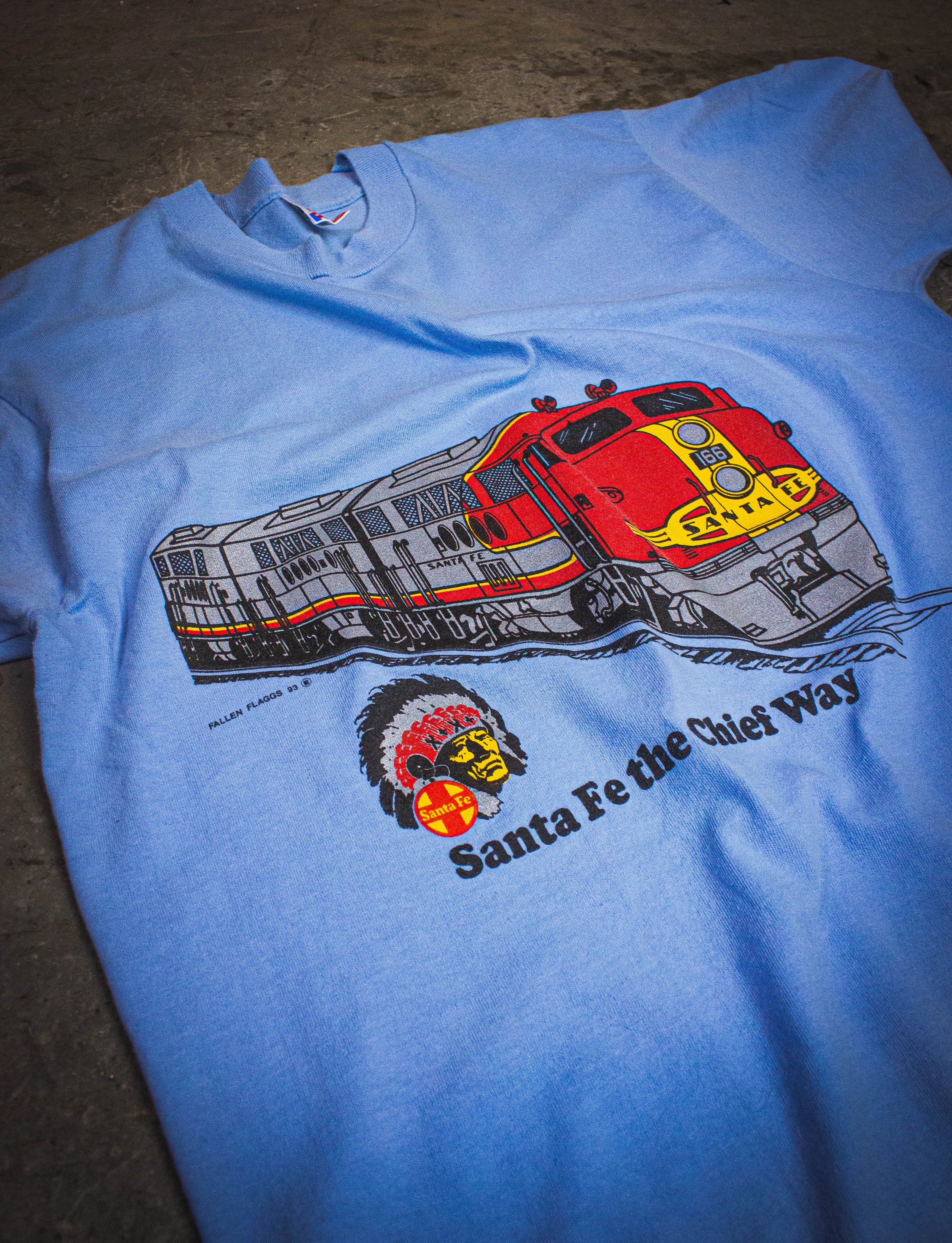 Vintage Santa Fe Chief Way Train Graphic T Shirt 1993 Deadstock Blue Medium/Large