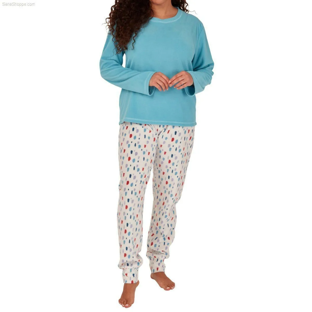 Women's Soft Thermal Fleece Pyjama Set, Long Sleeve Nightwear Spice red and Pale Turq