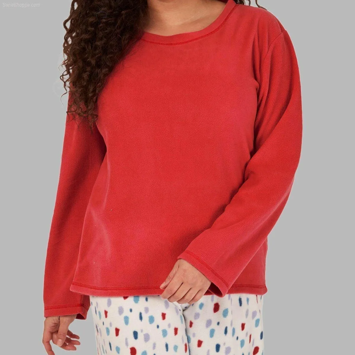 Women's Soft Thermal Fleece Pyjama Set, Long Sleeve Nightwear Spice red and Pale Turq