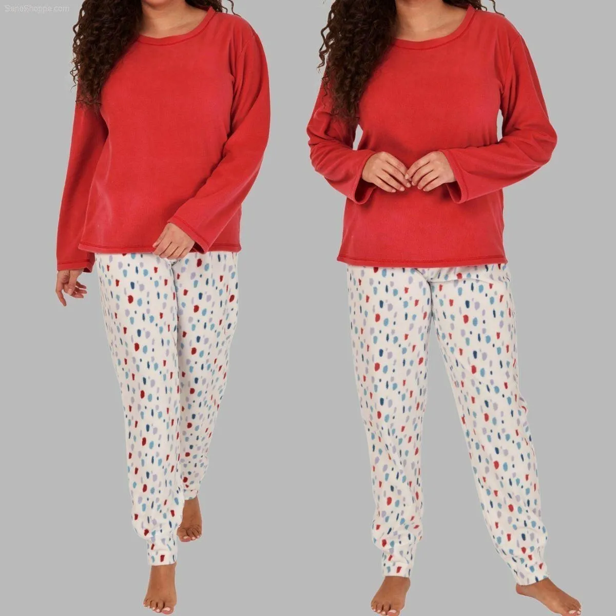 Women's Soft Thermal Fleece Pyjama Set, Long Sleeve Nightwear Spice red and Pale Turq